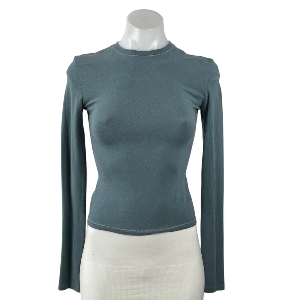 Skims Blue Long Sleeve Slim Mock Neck Knit Stretch T Shirt Tee Top Size XS